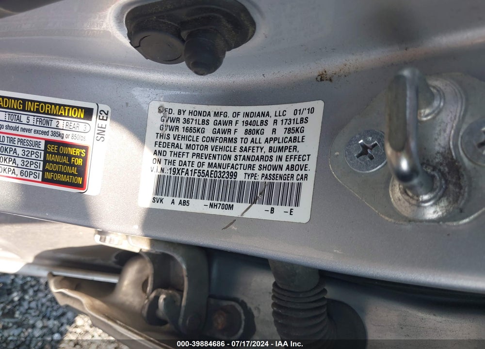 2010 HONDA CIVIC LX VIN: 19XFA1F55AE032399