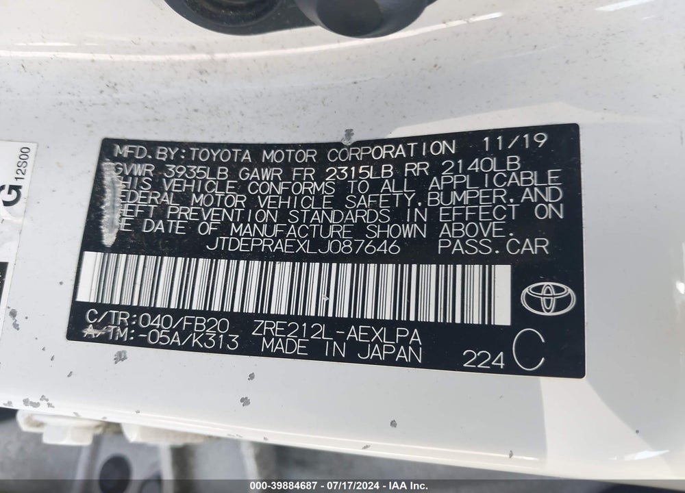 2020 TOYOTA COROLLA LE VIN: JTDEPRAEXLJ087646