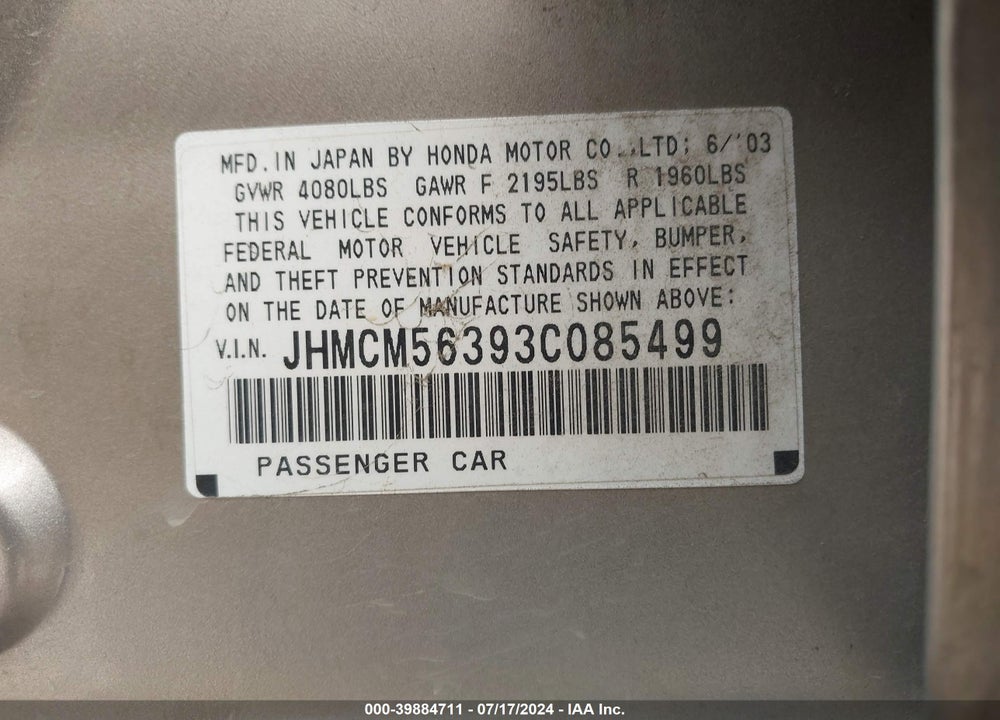 2003 HONDA ACCORD 2.4 LX VIN: JHMCM56393C085499