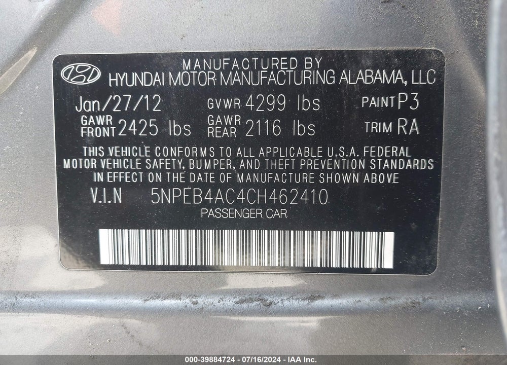 2012 HYUNDAI SONATA GLS VIN: 5NPEB4AC4CH462410