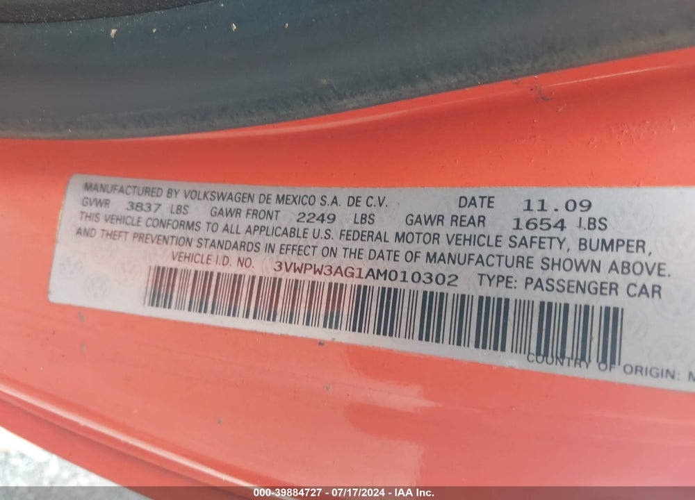 2010 VOLKSWAGEN NEW BEETLE 2.5L FINAL EDITION VIN: 3VWPW3AG1AM010302