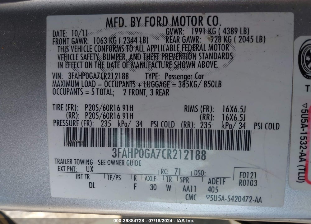 2012 FORD FUSION S VIN: 3FAHP0GA7CR212188