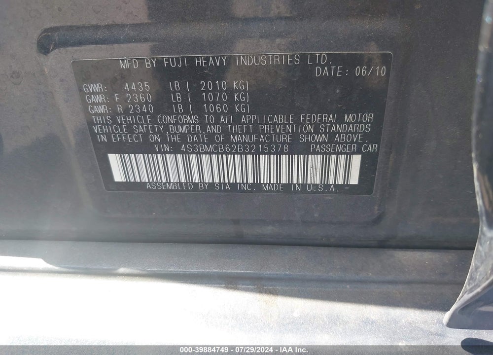 2011 SUBARU LEGACY 2.5I PREMIUM VIN: 4S3BMCB62B3215378
