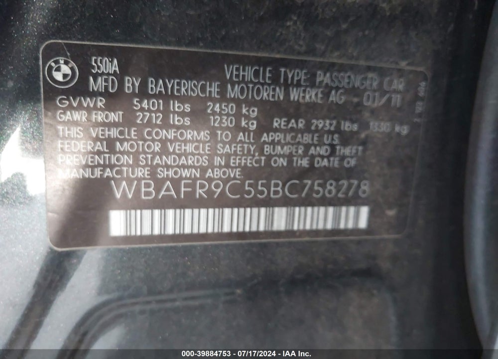 2011 BMW 550I VIN: WBAFR9C55BC758278