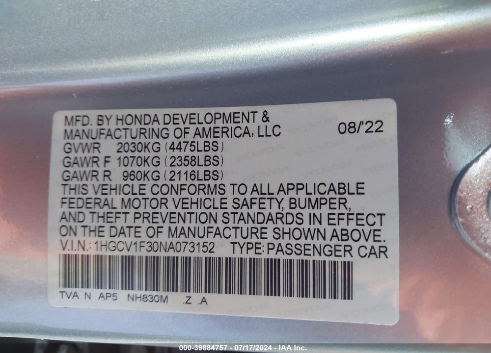 2022 HONDA ACCORD SPORT VIN: 1HGCV1F30NA073152