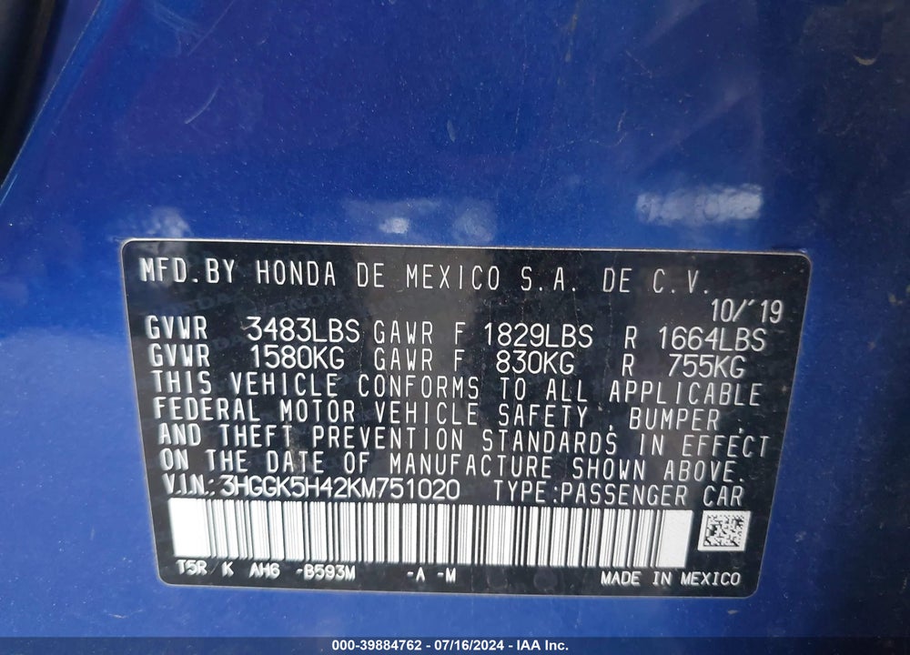 2019 HONDA FIT LX VIN: 3HGGK5H42KM751020