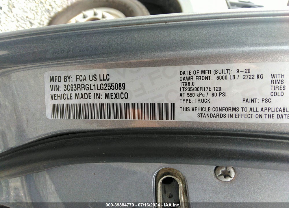2020 RAM 3500 TRADESMAN  4X4 8' BOX VIN: 3C63RRGL1LG255089