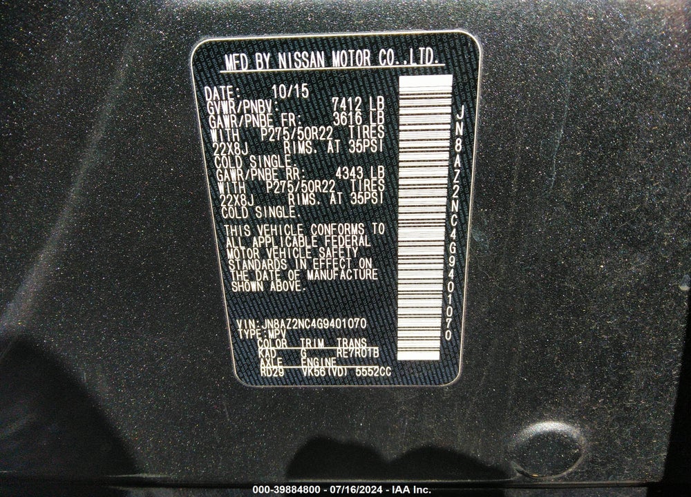 2016 INFINITI QX80 VIN: JN8AZ2NC4G9401070