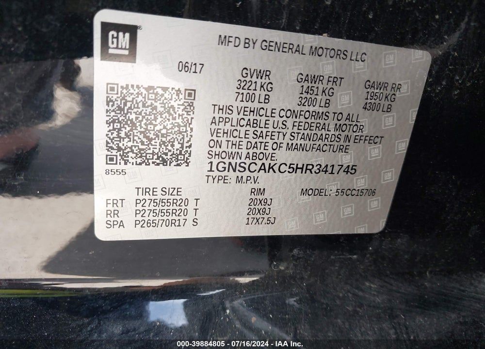 2017 CHEVROLET TAHOE LS VIN: 1GNSCAKC5HR341745