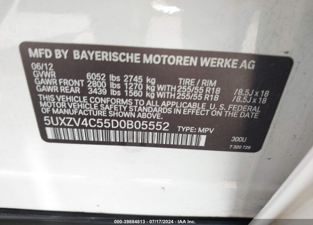 2013 BMW X5 XDRIVE35I/XDRIVE35I PREMIUM/XDRIVE35I SPORT ACTIVITY VIN: 5UXZV4C55D0B05552