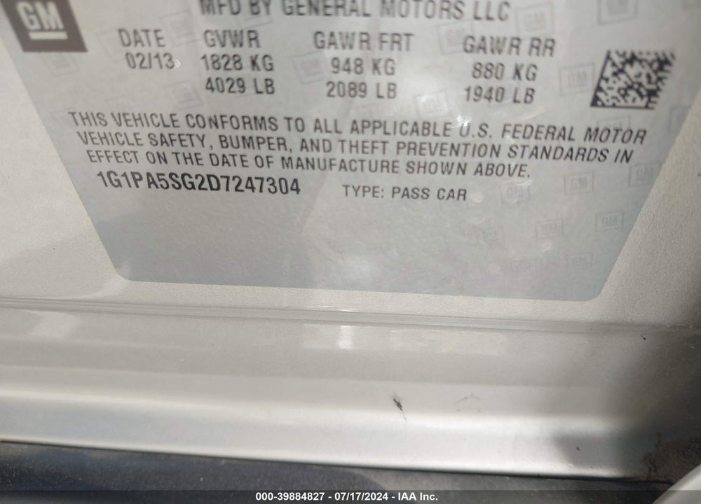 2013 CHEVROLET CRUZE LS AUTO VIN: 1G1PA5SG2D7247304
