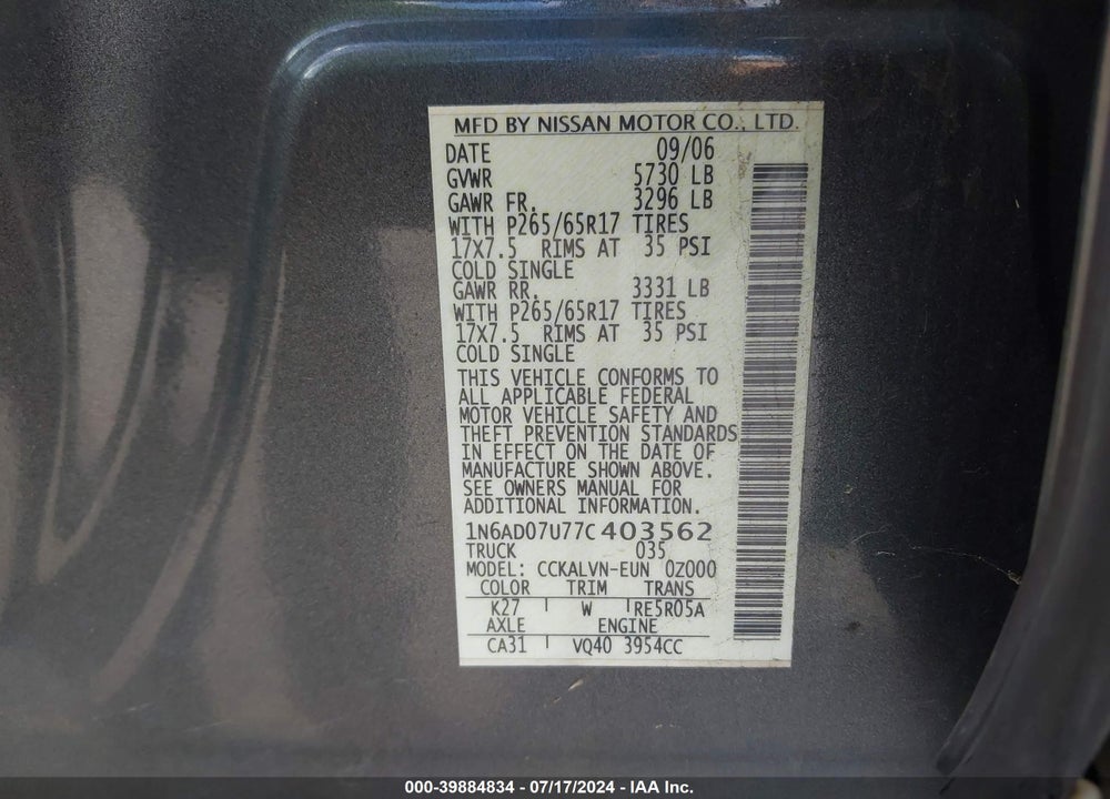 2007 NISSAN FRONTIER LE VIN: 1N6AD07U77C403562