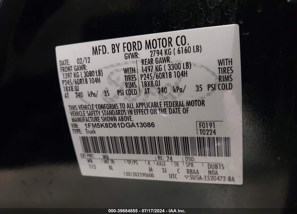 2013 FORD EXPLORER XLT VIN: 1FM5K8D81DGA13086