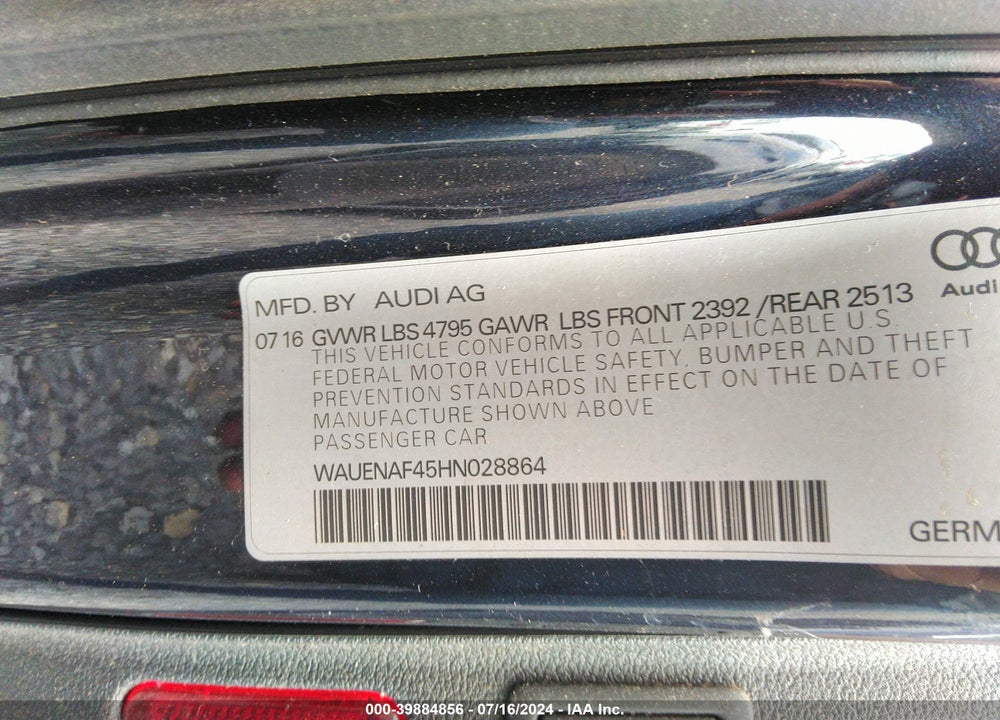 2017 AUDI A4 2.0T PREMIUM VIN: WAUENAF45HN028864