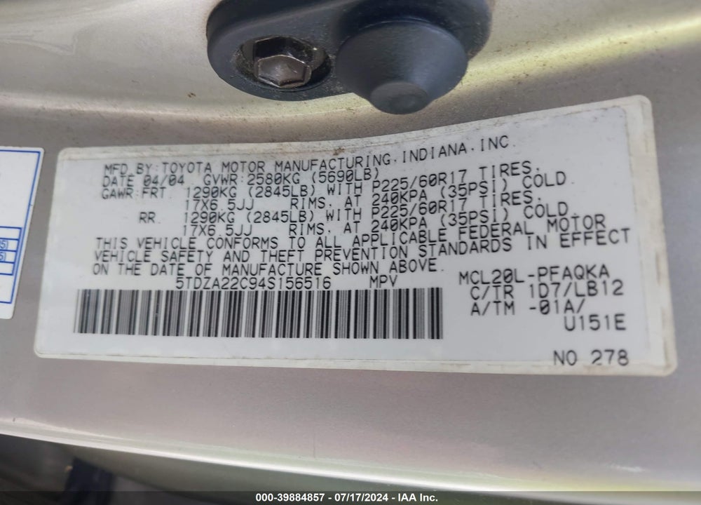 2004 TOYOTA SIENNA XLE VIN: 5TDZA22C94S156516