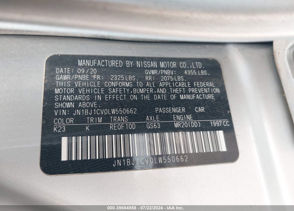 2020 NISSAN ROGUE SPORT SV FWD XTRONIC CVT VIN: JN1BJ1CV0LW550662