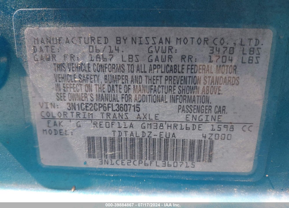 2015 NISSAN VERSA NOTE SV VIN: 3N1CE2CP6FL360715