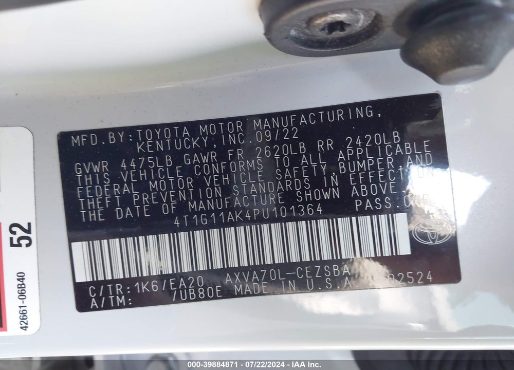 2023 TOYOTA CAMRY SE VIN: 4T1G11AK4PU101364