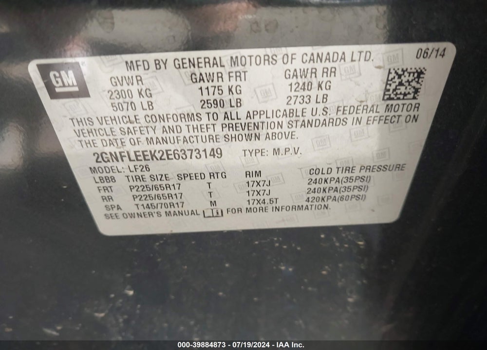2014 CHEVROLET EQUINOX LS VIN: 2GNFLEEK2E6373149