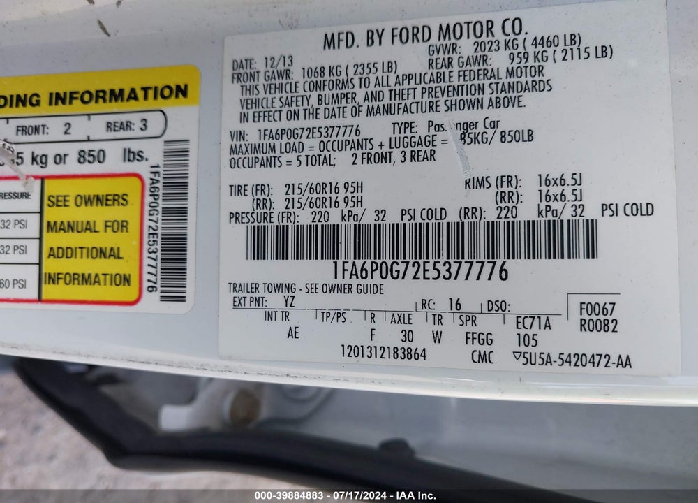2014 FORD FUSION S VIN: 1FA6P0G72E5377776