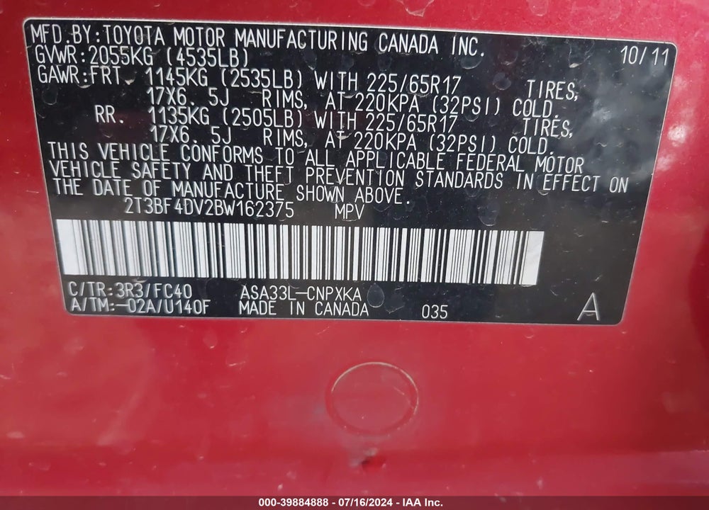 2011 TOYOTA RAV4 VIN: 2T3BF4DV2BW162375