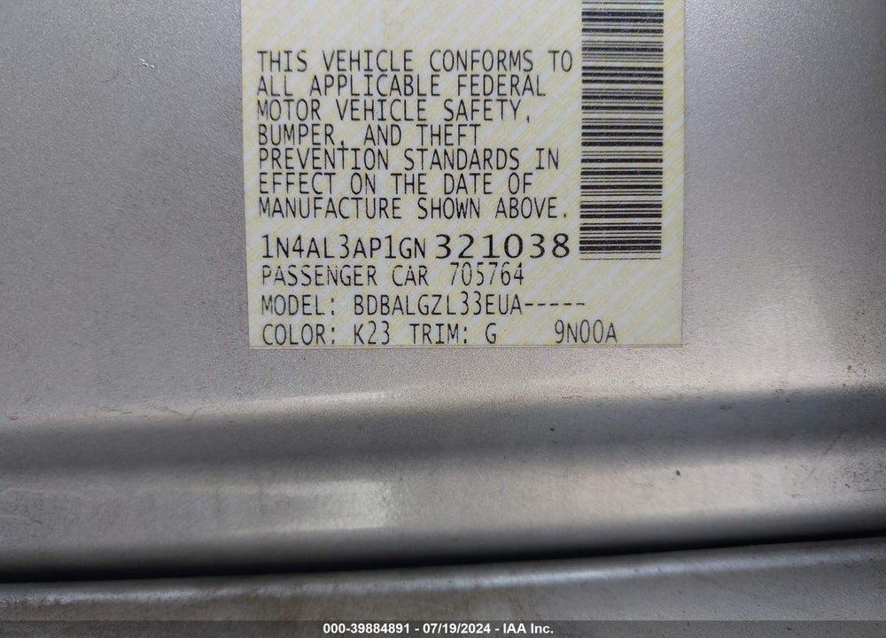 2016 NISSAN ALTIMA 2.5 S VIN: 1N4AL3AP1GN321038