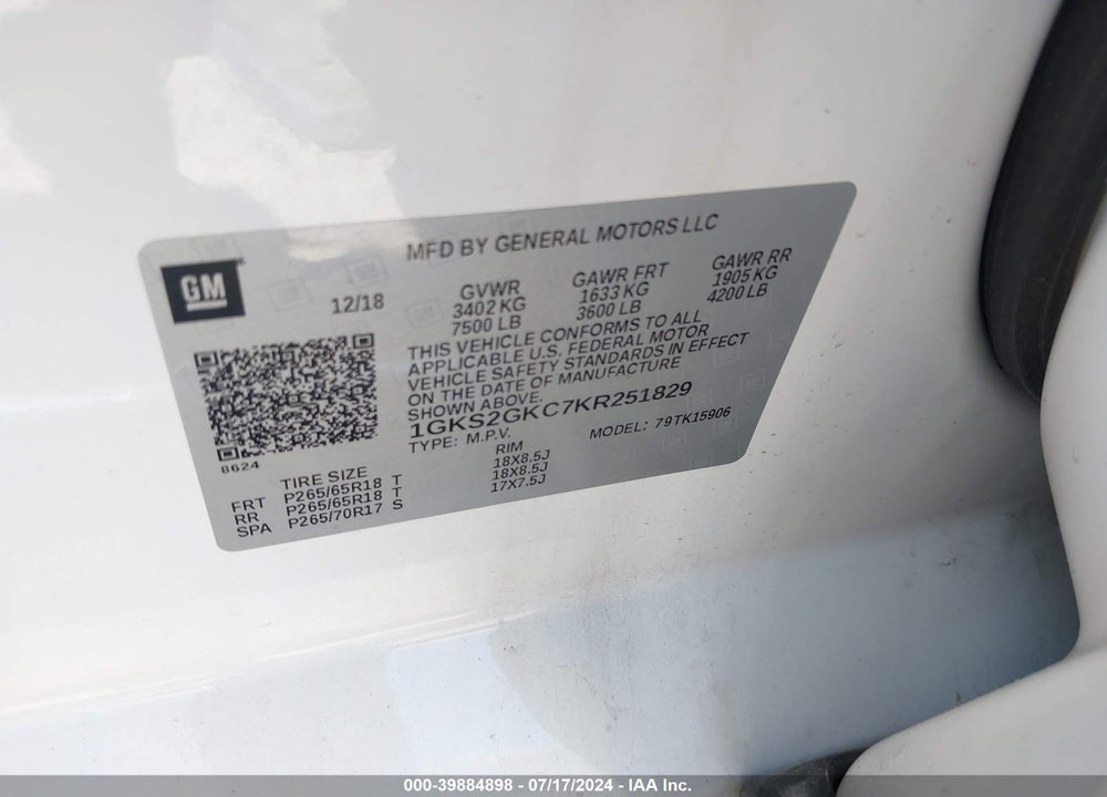 2019 GMC YUKON XL SLT VIN: 1GKS2GKC7KR251829