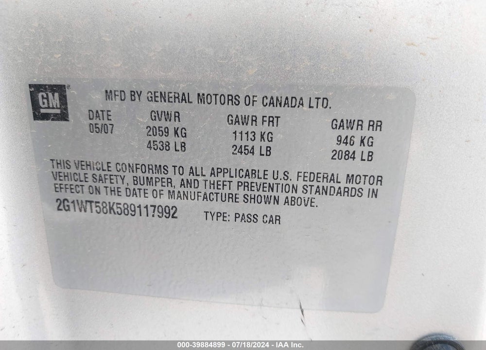 2008 CHEVROLET IMPALA LT VIN: 2G1WT58K589117992