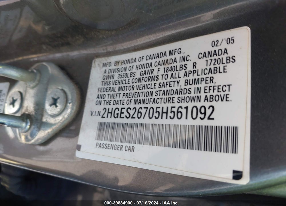2005 HONDA CIVIC EX VIN: 2HGES26705H561092