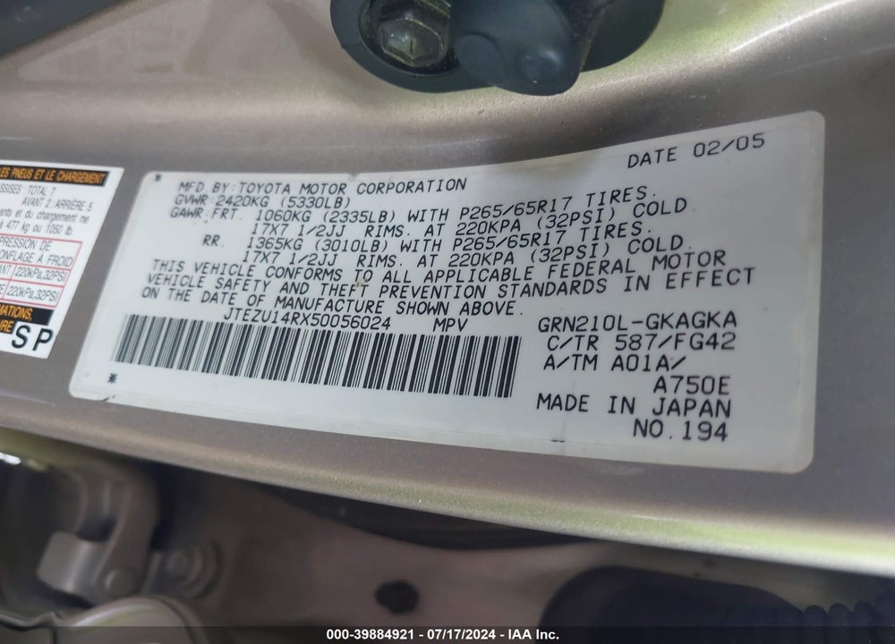 2005 TOYOTA 4RUNNER SR5 V6 VIN: JTEZU14RX50056024