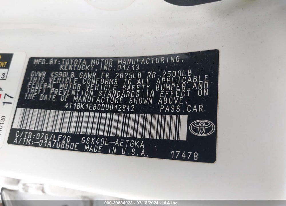 2013 TOYOTA AVALON XLE PREMIUM VIN: 4T1BK1EB0DU012842