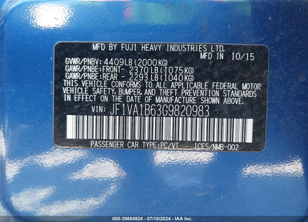 2016 SUBARU WRX VIN: JF1VA1B63G9820983