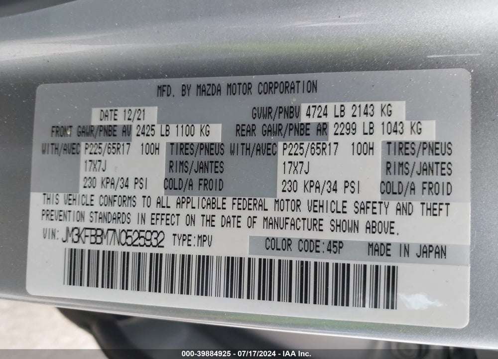 2022 MAZDA CX-5 2.5 S SELECT VIN: JM3KFBBM7N0525932