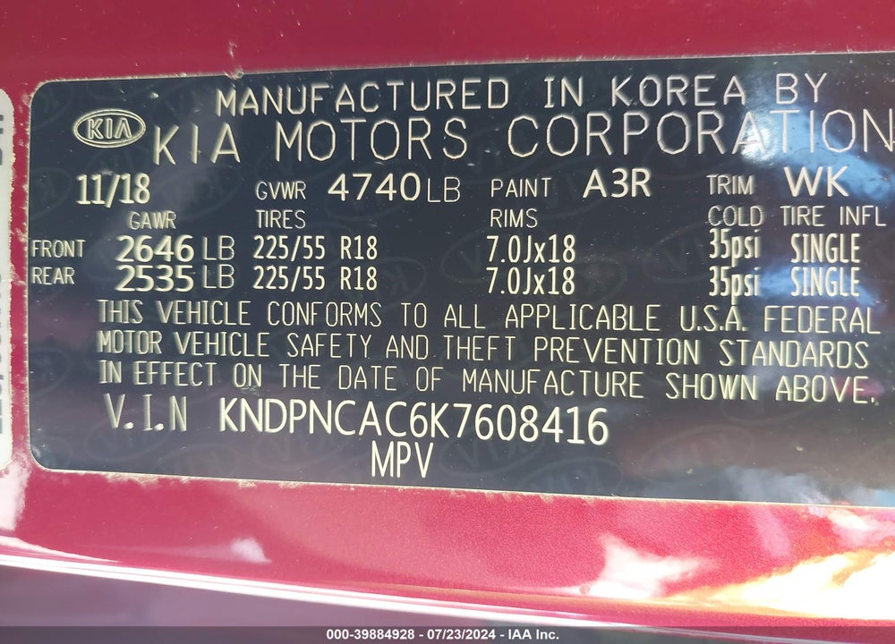2019 KIA SPORTAGE EX VIN: KNDPNCAC6K7608416