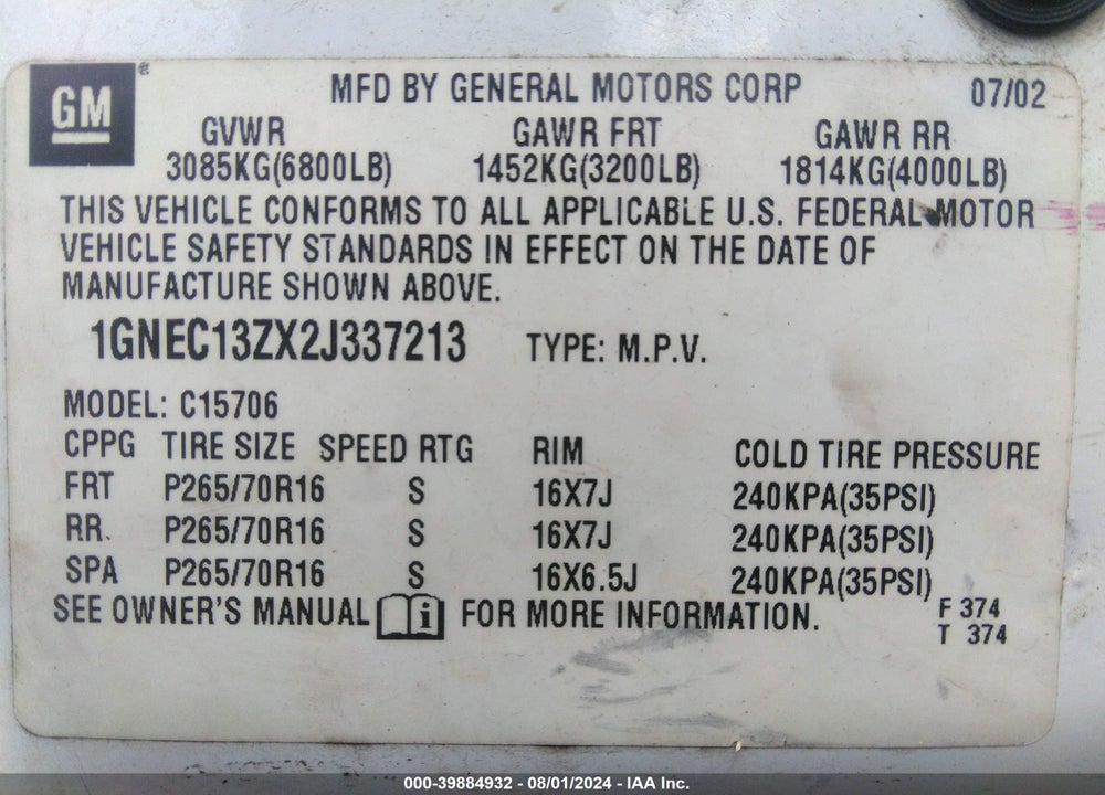 2002 CHEVROLET TAHOE LT VIN: 1GNEC13ZX2J337213