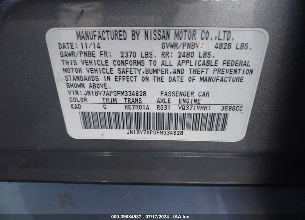 2015 INFINITI Q50 PREMIUM VIN: JN1BV7AP0FM334628
