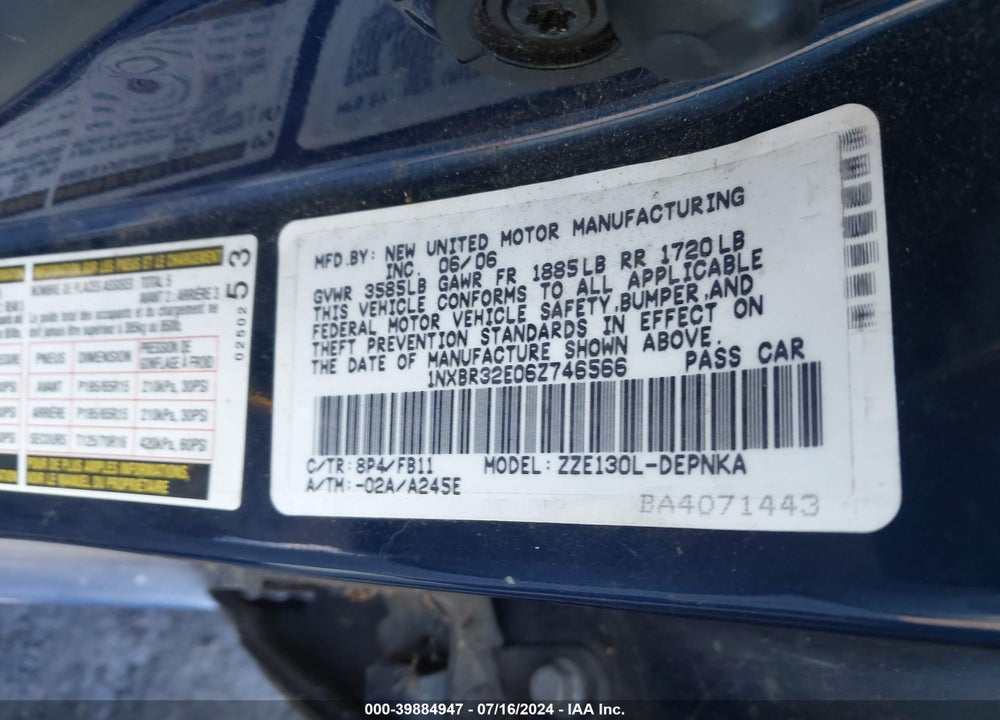 2006 TOYOTA COROLLA LE VIN: 1NXBR32E06Z746566