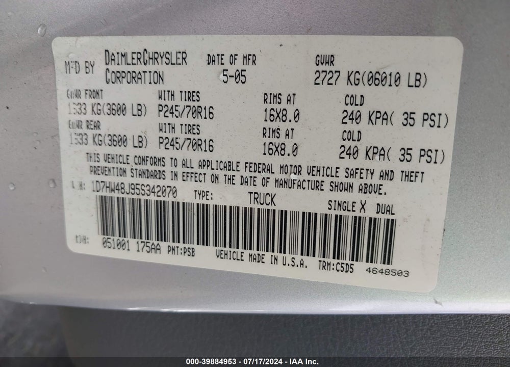 2005 DODGE DAKOTA SLT VIN: 1D7HW48J95S342070