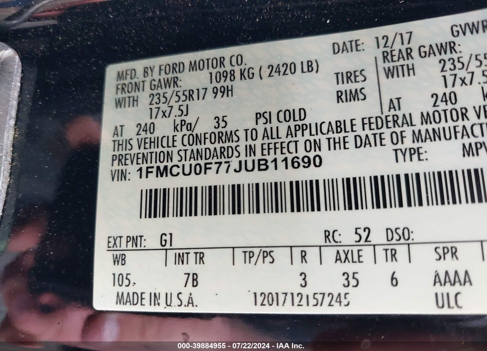2018 FORD ESCAPE S VIN: 1FMCU0F77JUB11690