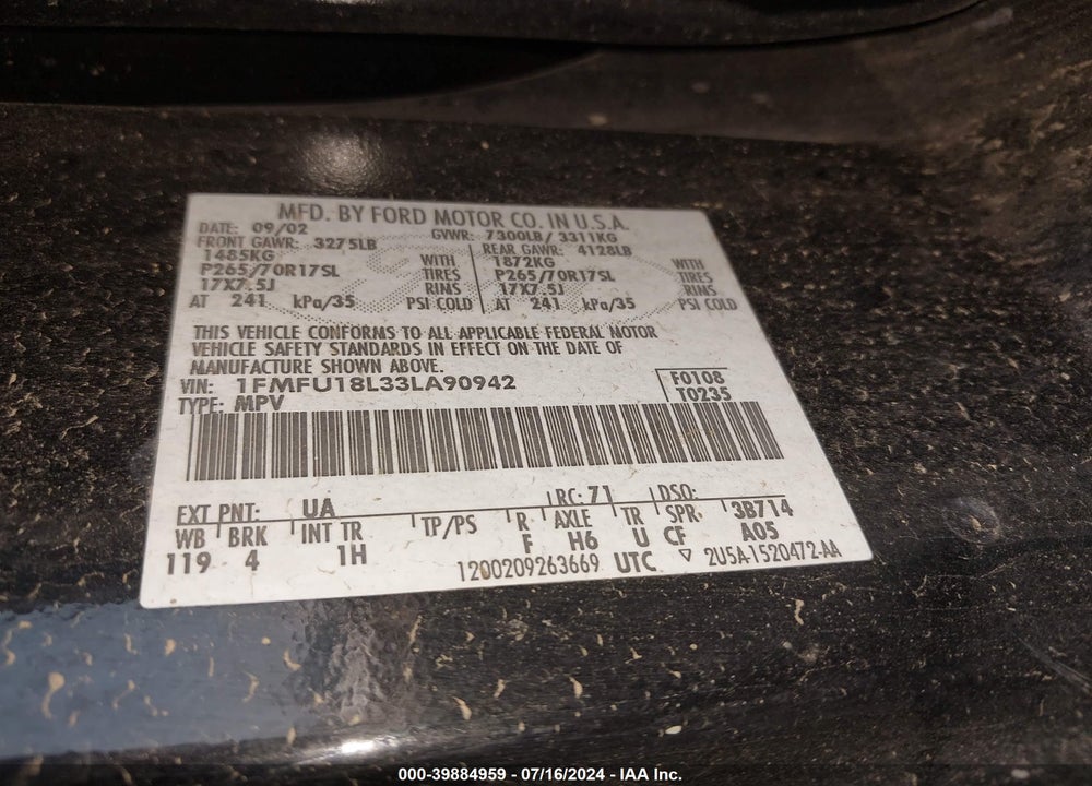 2003 FORD EXPEDITION EDDIE BAUER VIN: 1FMFU18L33LA90942
