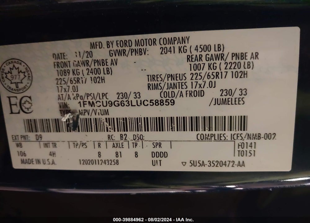 2020 FORD ESCAPE SE VIN: 1FMCU9G63LUC58859