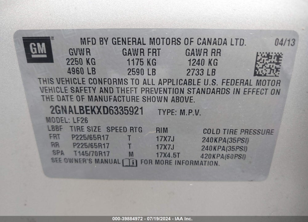 2013 CHEVROLET EQUINOX LS VIN: 2GNALBEKXD6335921