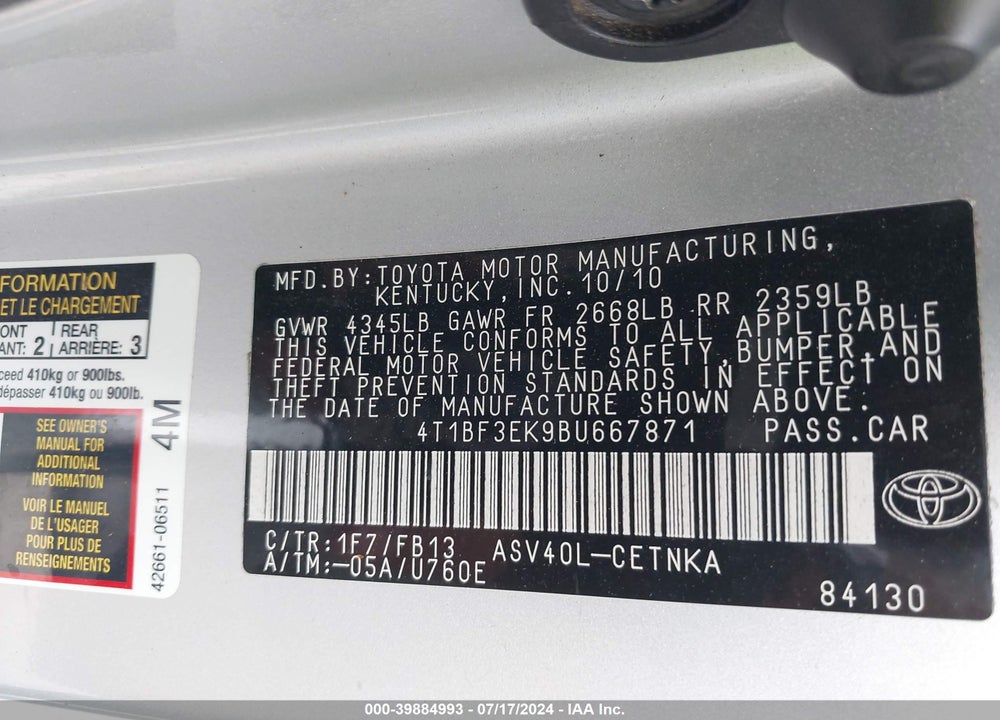 2011 TOYOTA CAMRY LE VIN: 4T1BF3EK9BU667871