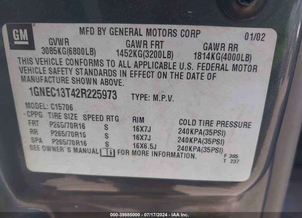 2002 CHEVROLET TAHOE LS VIN: 1GNEC13T42R225973