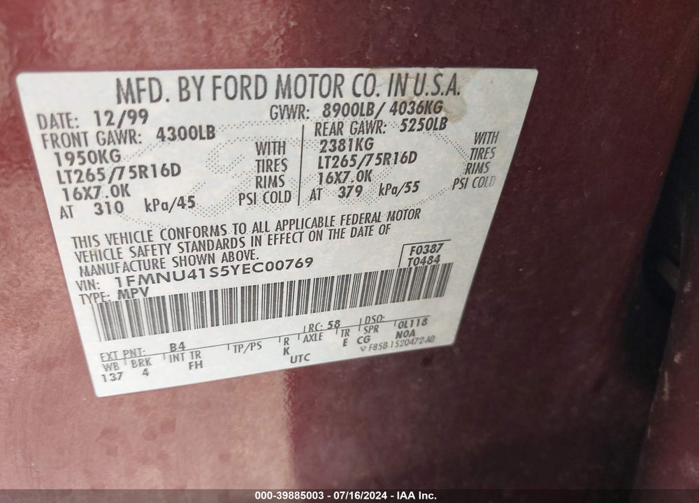 2000 FORD EXCURSION XLT VIN: 1FMNU41S5YEC00769