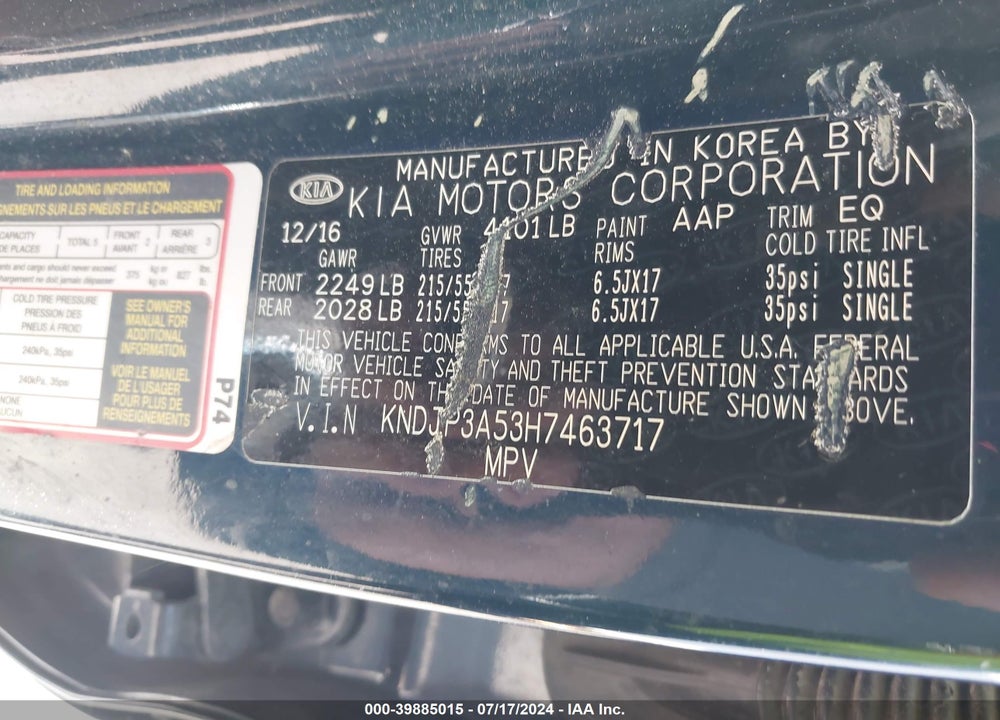 2017 KIA SOUL VIN: KNDJP3A53H7463717