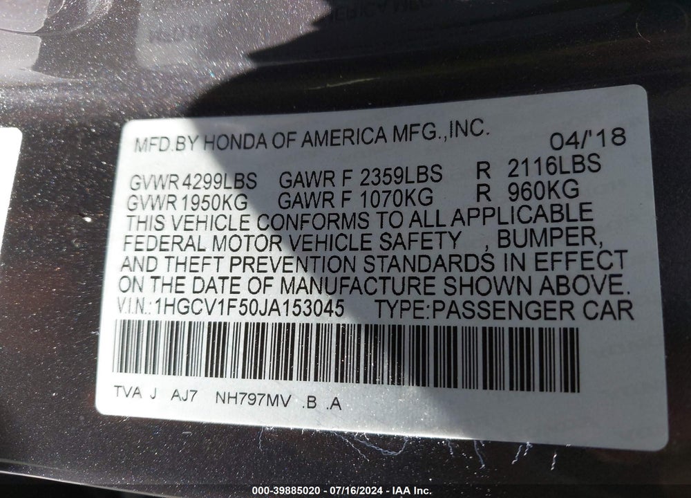 2018 HONDA ACCORD EX-L VIN: 1HGCV1F50JA153045