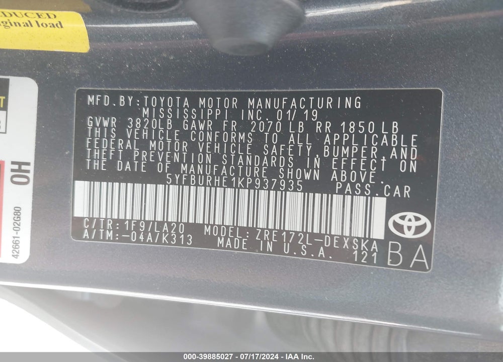 2019 TOYOTA COROLLA XSE VIN: 5YFBURHE1KP937935