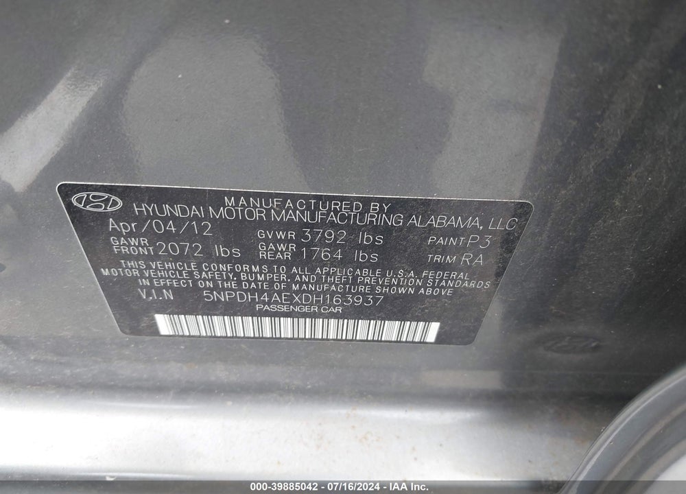 2013 HYUNDAI ELANTRA LIMITED VIN: 5NPDH4AEXDH163937