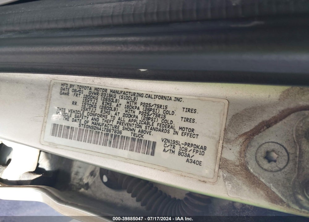 2001 TOYOTA TACOMA PRERUNNER V6 VIN: 5TEGN92N41Z867836